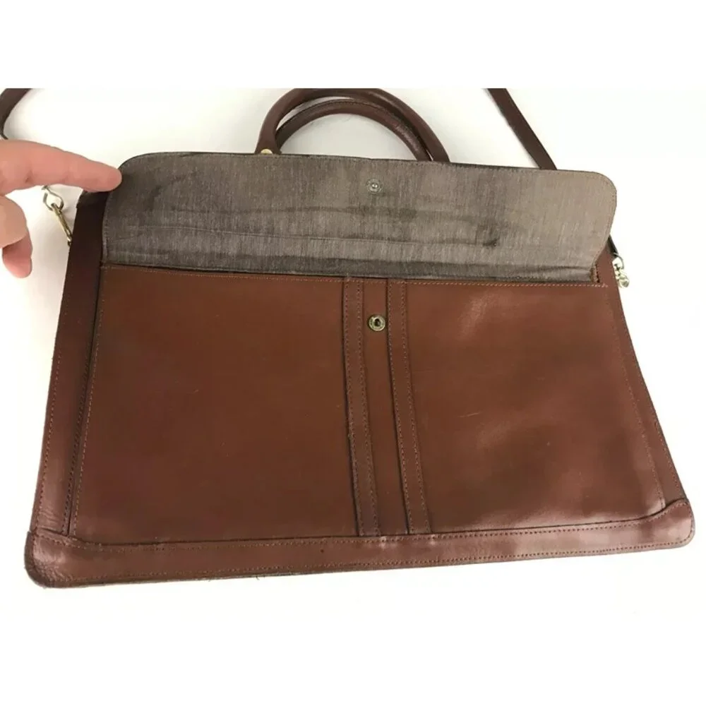 Unisex Brown Leather Pockets Dividers Detachable Strap‎ Double Handles Bag